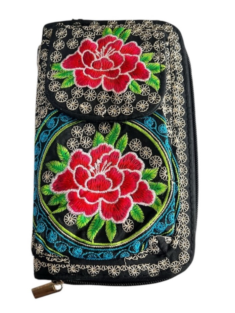 Unbranded Boho Style Crossbody Wallet Embroidered Flowers Pink Green Blue Black